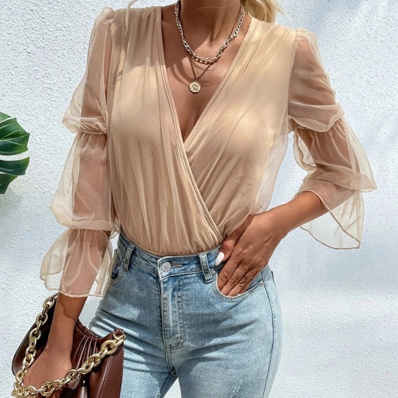 Luxe Sheer Ruffle Sleeve Surplice Bodysuit - Picture 3 of 6